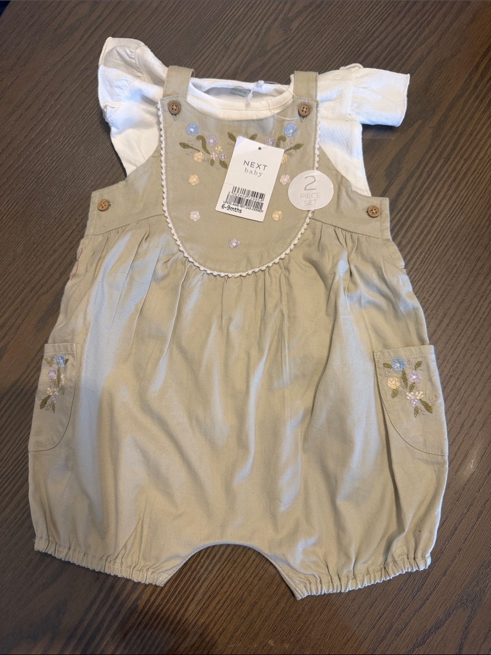 next Beige Embroidered Baby Romper Set with White Bodysuit